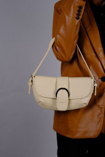 C053 Kadın Çanta Günlük Baget Clutch El Çanta  Bej Deri  resmi
