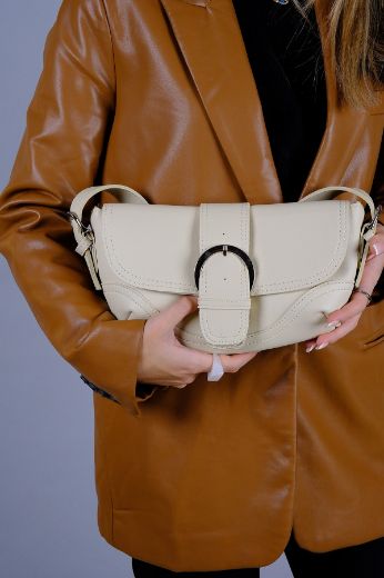 C053 Kadın Çanta Günlük Baget Clutch El Çanta  Bej Deri  resmi