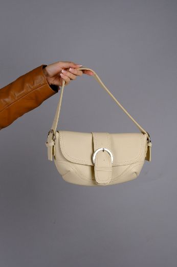 C053 Kadın Çanta Günlük Baget Clutch El Çanta  Bej Deri  resmi
