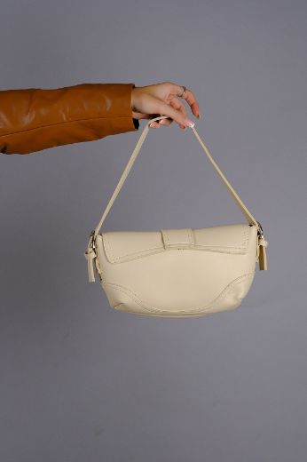 C053 Kadın Çanta Günlük Baget Clutch El Çanta  Bej Deri  resmi