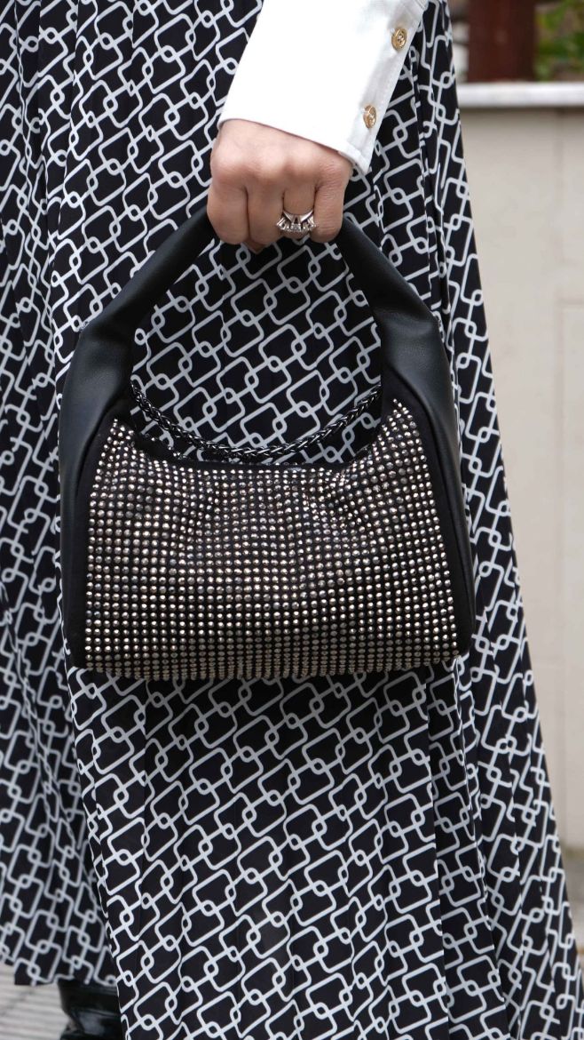 C106 Kadın Çanta Taşlı Çanta Clutch Kadın Çanta   SİYAH DERİ resmi