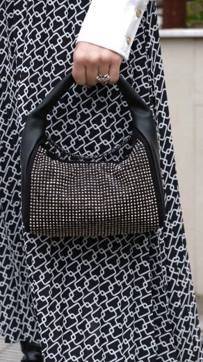 C106 Kadın Çanta Taşlı Çanta Clutch Kadın Çanta   SİYAH DERİ resmi
