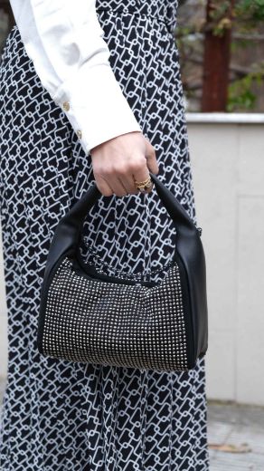 C106 Kadın Çanta Taşlı Çanta Clutch Kadın Çanta   SİYAH DERİ resmi