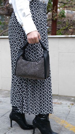 C106 Kadın Çanta Taşlı Çanta Clutch Kadın Çanta   SİYAH DERİ resmi