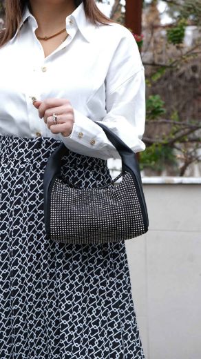 C106 Kadın Çanta Taşlı Çanta Clutch Kadın Çanta   SİYAH DERİ resmi