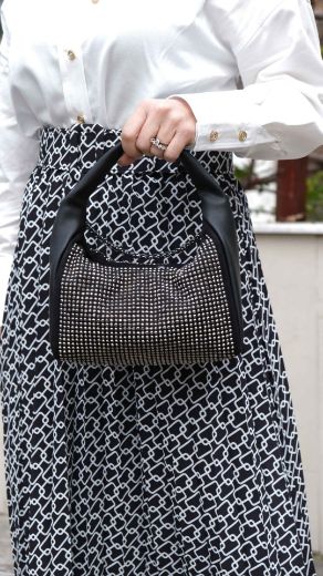 C106 Kadın Çanta Taşlı Çanta Clutch Kadın Çanta   SİYAH DERİ resmi