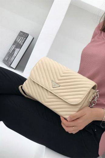 C082 Kadın Çanta Günlük Omuz El Kol Çapraz Çanta  Bej Deri  resmi