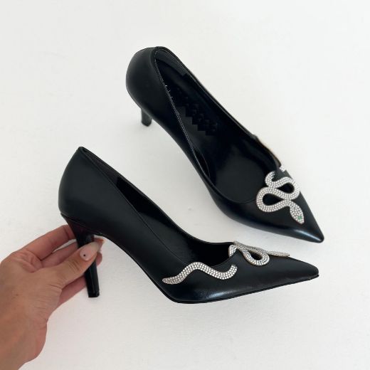 023  Günlük Rahat Kullanışlı 8 Cm Kadın Stiletto  YILANLI SİYAH resmi