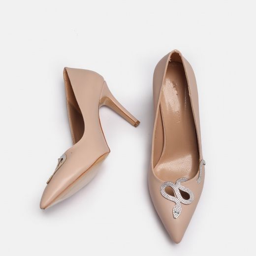 023  Günlük Rahat Kullanışlı 8 Cm Kadın Stiletto  YILANLI BEJ resmi