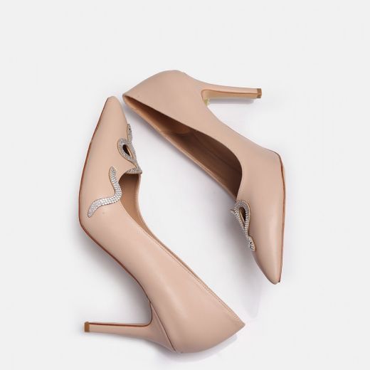 023  Günlük Rahat Kullanışlı 8 Cm Kadın Stiletto  YILANLI BEJ resmi